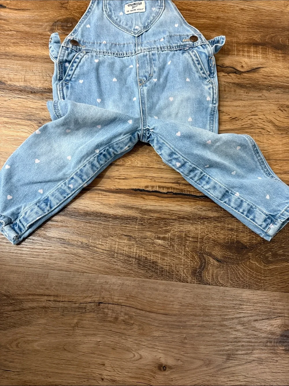 OshKosh B'gosh Girls Light Blue Denim Overalls with White Heart Print 18m
